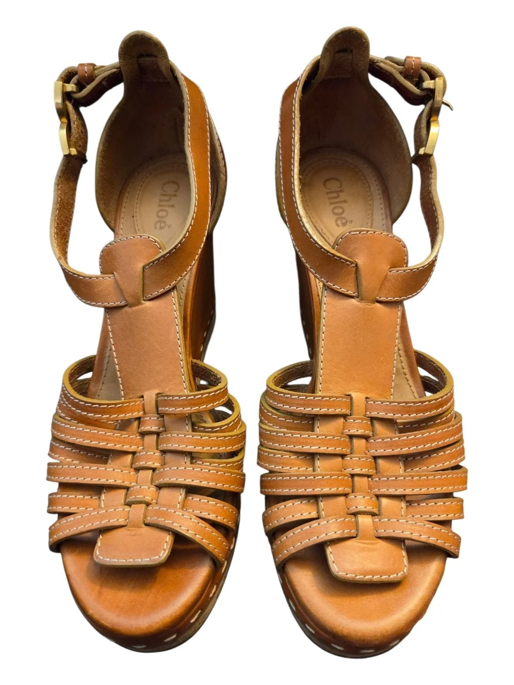 Chloe Tan Tucson T-Strap Woven Leather Cork Wedge Sandals - Size 38 (USA 7.5)